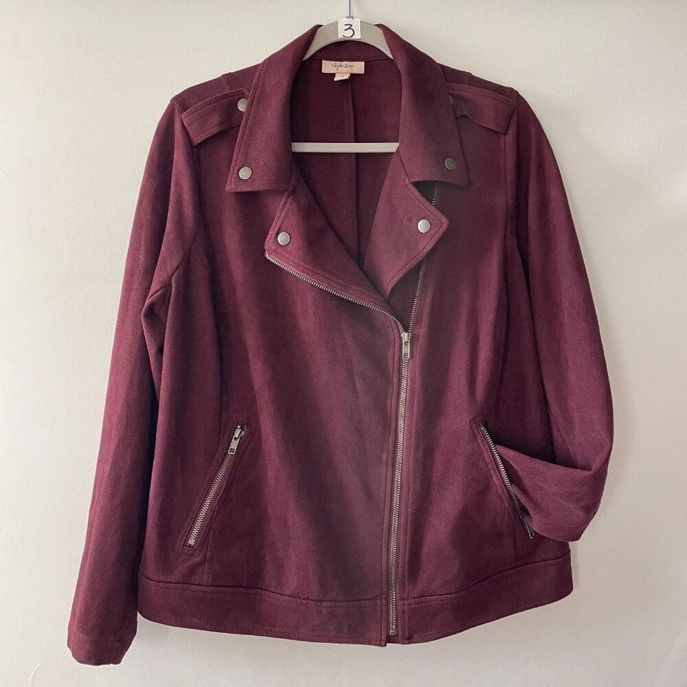 Style & Co Womens Burgundy Long Sleeve Faux Suede Knit Moto Jacket Plus Size 1X
